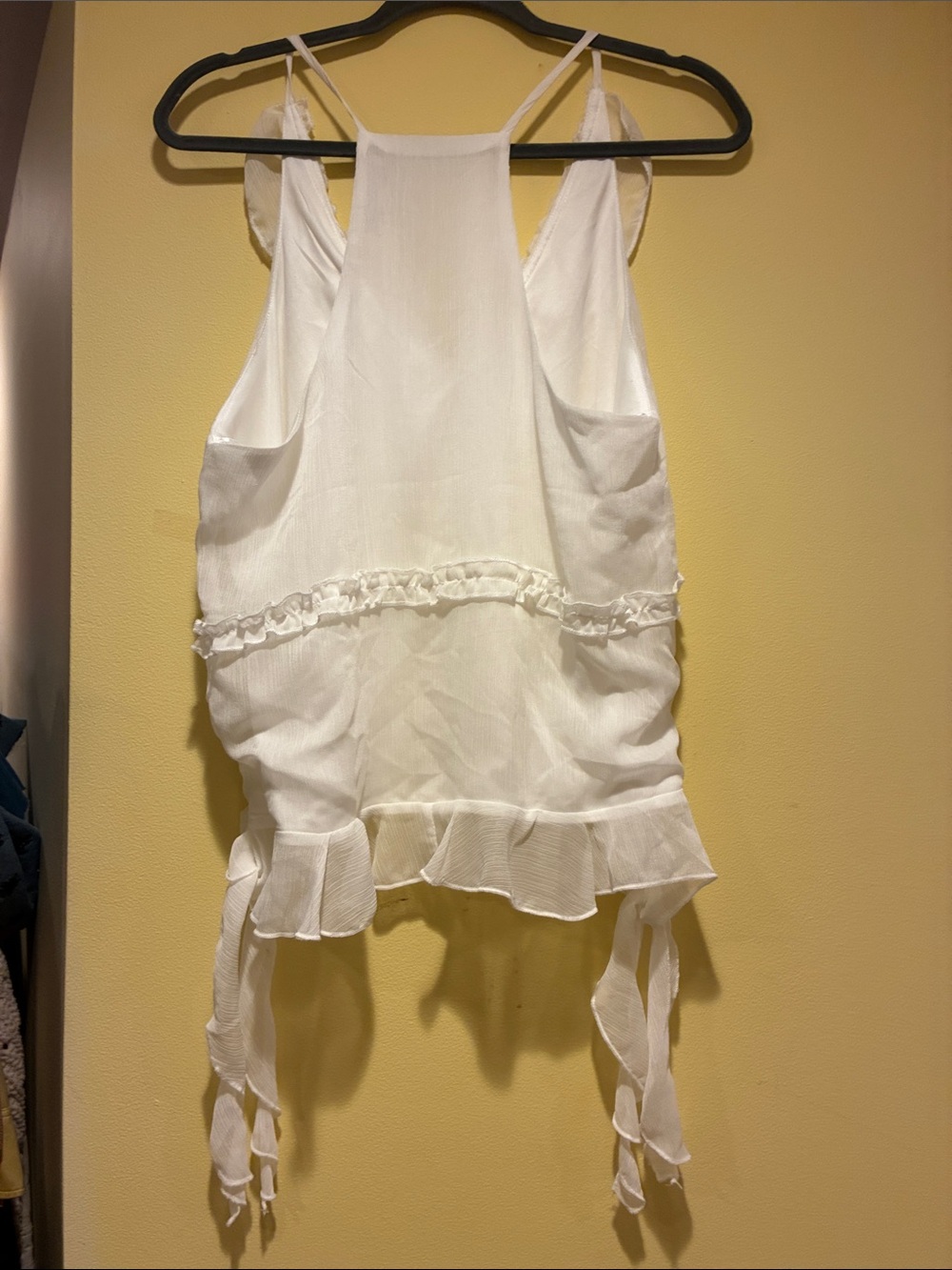 Womens White Ruffle-Trim  V Neck Romantic Racerback Camisole Tank Top Sz L